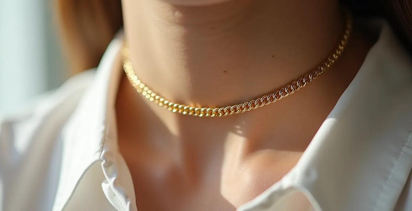 Gros plan sur l'ajustement parfait d'un ras-de-cou en or au niveau de la clavicule