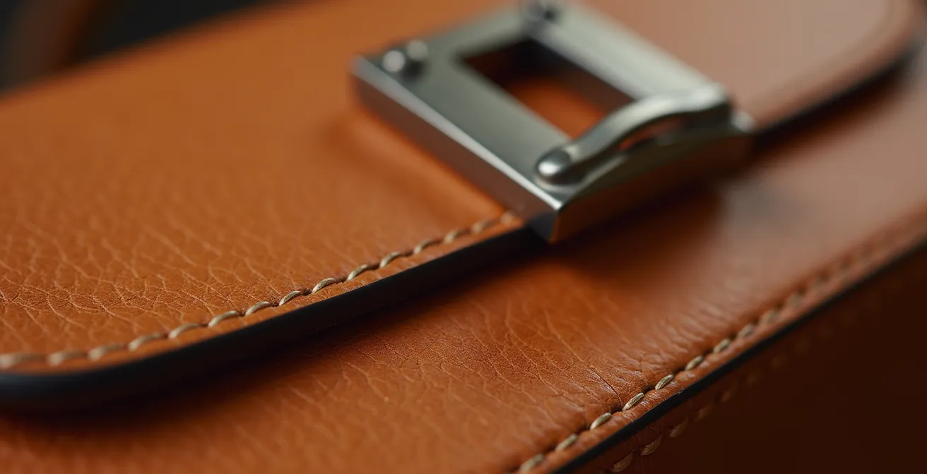 Vue macro des détails de couture et de ferrure d'un sac de luxe authentique