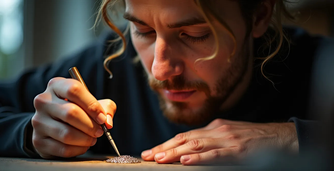 Artisan bijoutier belge travaillant sur une pièce délicate dans son atelier