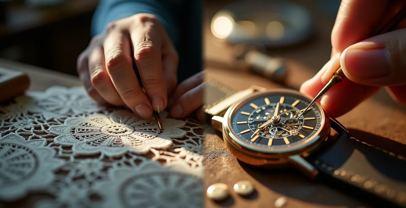 Parallèle visuel entre la dentelle de Bruges et les finitions horlogères manuelles