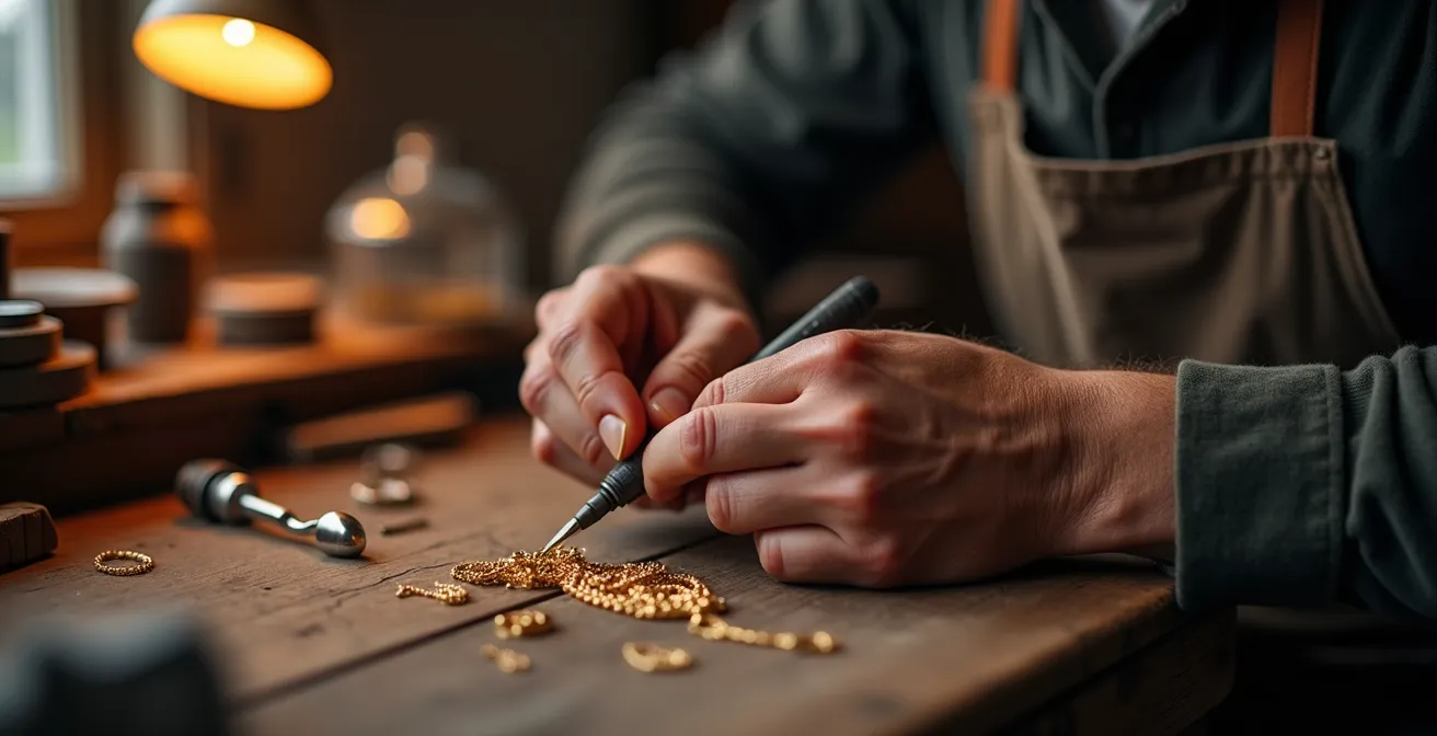 Artisan bijoutier dans son atelier anversois travaillant sur une chaîne en or