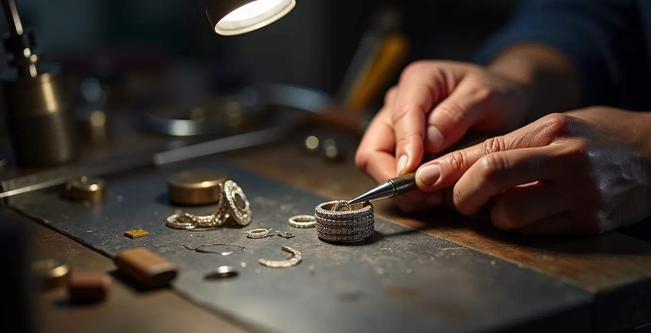 Artisan joaillier belge travaillant sur une bague dans son atelier à Anvers