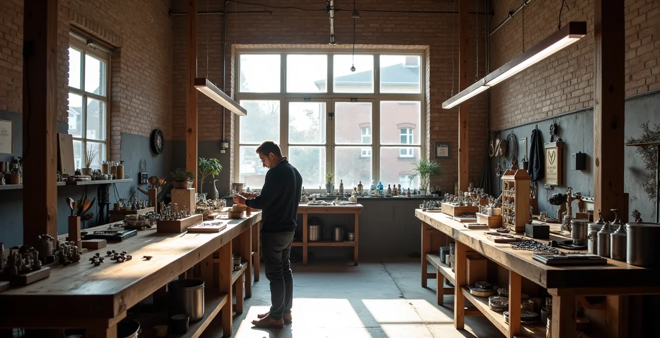 Atelier de création joaillière artisanale belge avec outils traditionnels