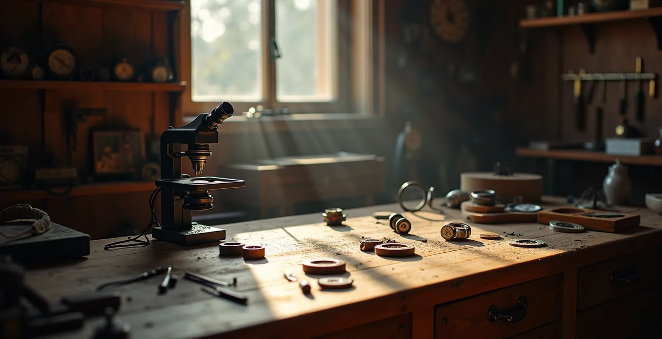 Vue d'ensemble d'un atelier d'horloger indépendant avec établi traditionnel et outils de précision