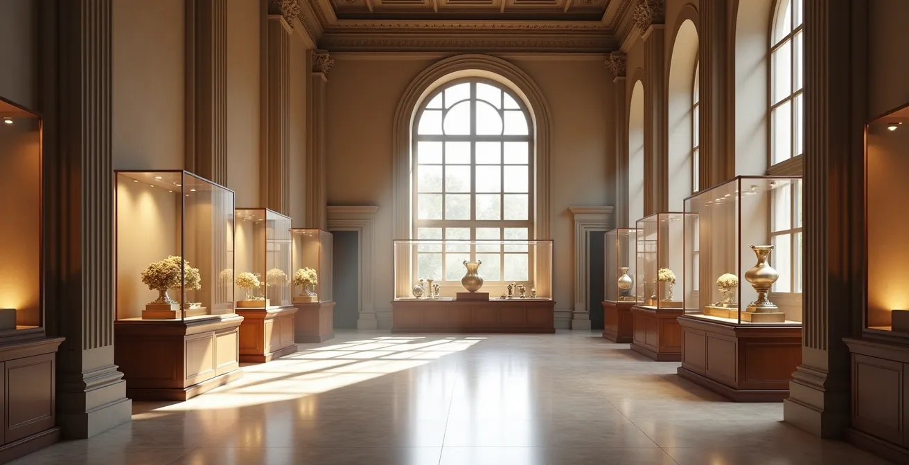 Vue d'ensemble d'une salle de ventes aux enchères prestigieuse avec objets de collection