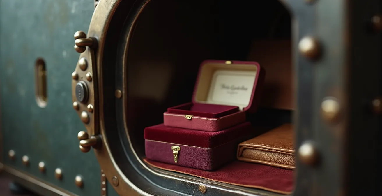 Vue large d'un coffre-fort ancien entrouvert révélant des écrins de bijoux dans une ambiance feutrée