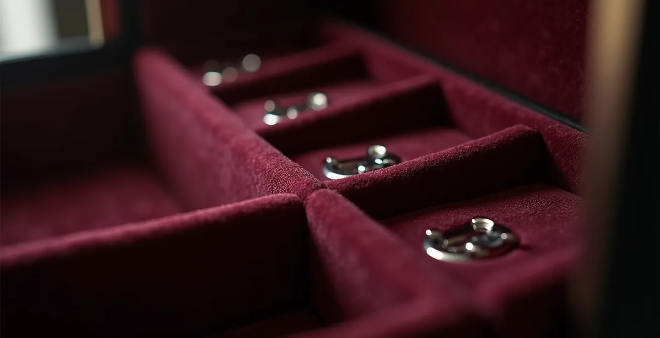 Coffre-fort haute sécurité entrouvert révélant des compartiments veloutés pour montres