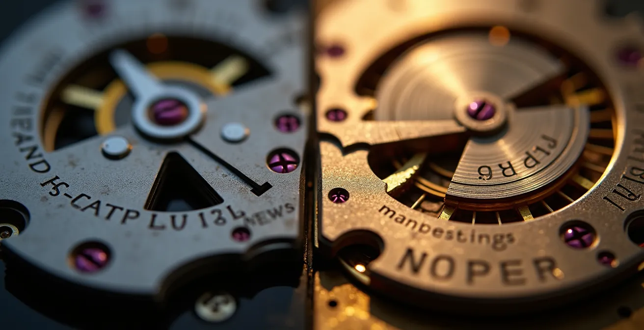 Comparaison visuelle entre un anglage machine et un anglage manuel sur un pont de mouvement horloger