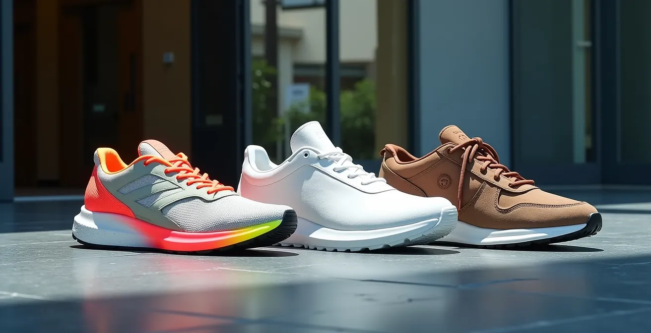 Mise en scène de trois types de baskets sur sol en marbre belge