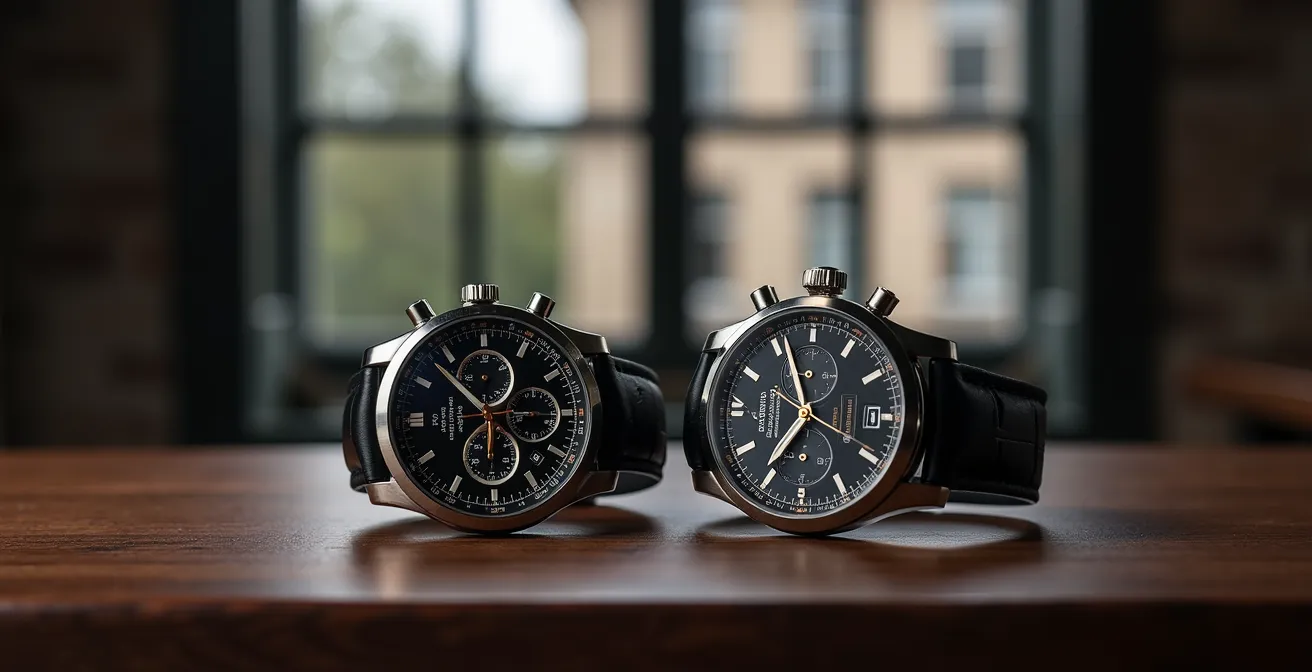Vue comparative de deux chronographes montrant les dispositions bi-compax et tri-compax