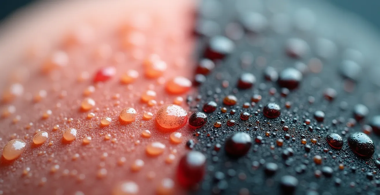 Vue macro du cuir chevelu montrant la différence entre une peau irritée et une peau saine