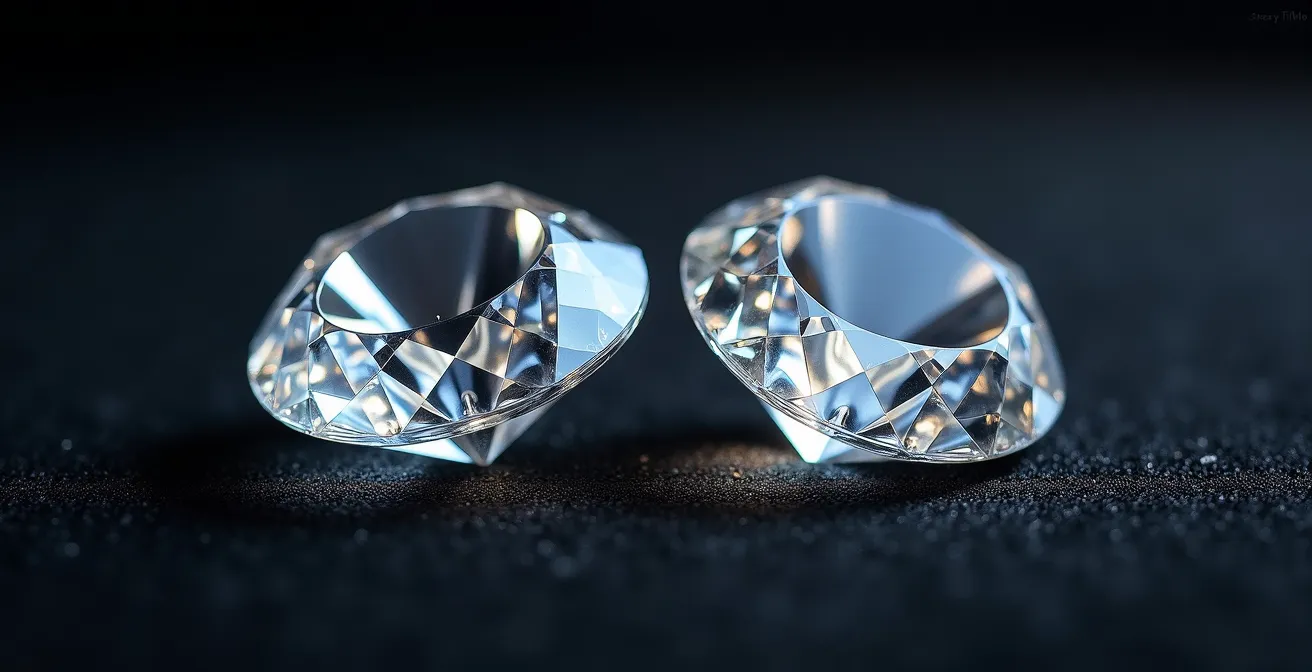 Vue macro comparative entre un diamant naturel brut et un diamant de laboratoire sous microscope gemmologique