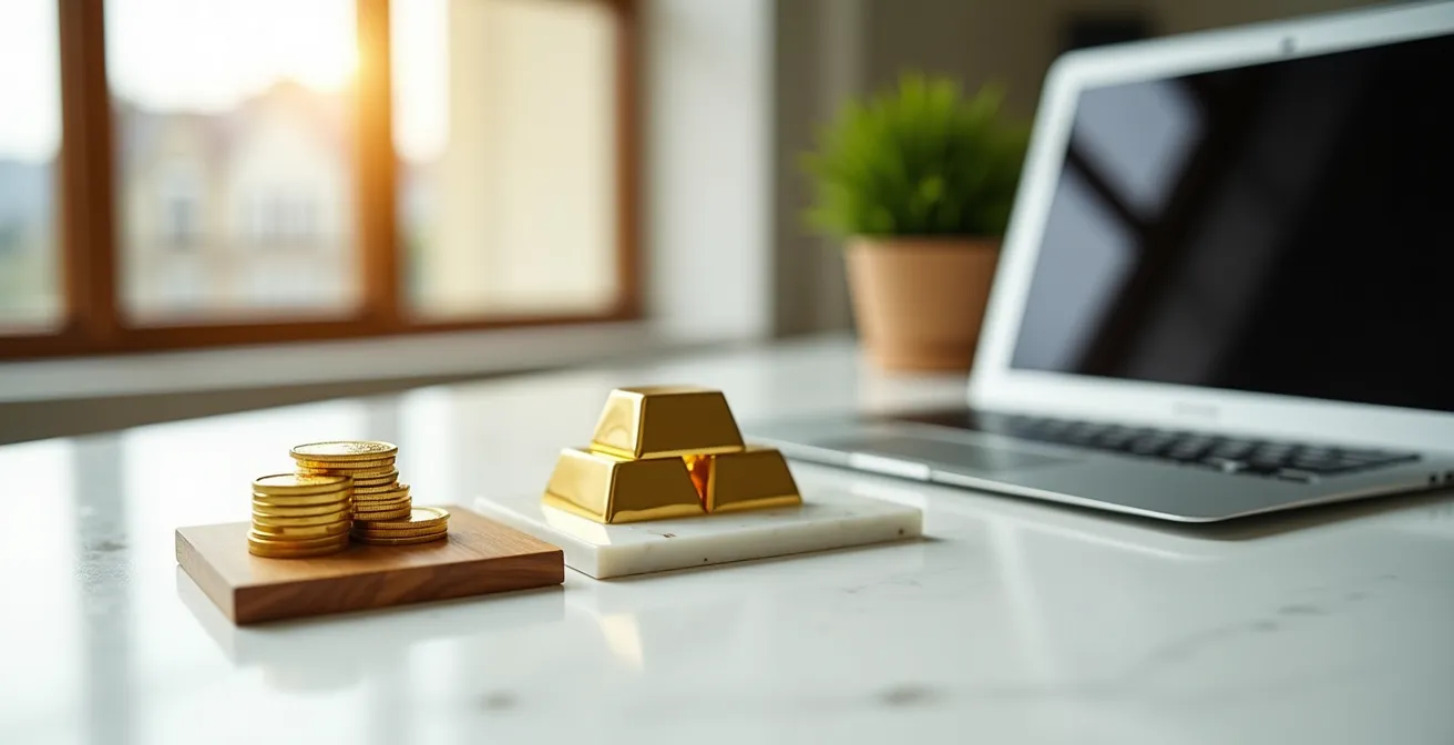 Comparaison visuelle de la liquidité entre lingots d'or, pièces et ETF sur une plateforme de trading belge