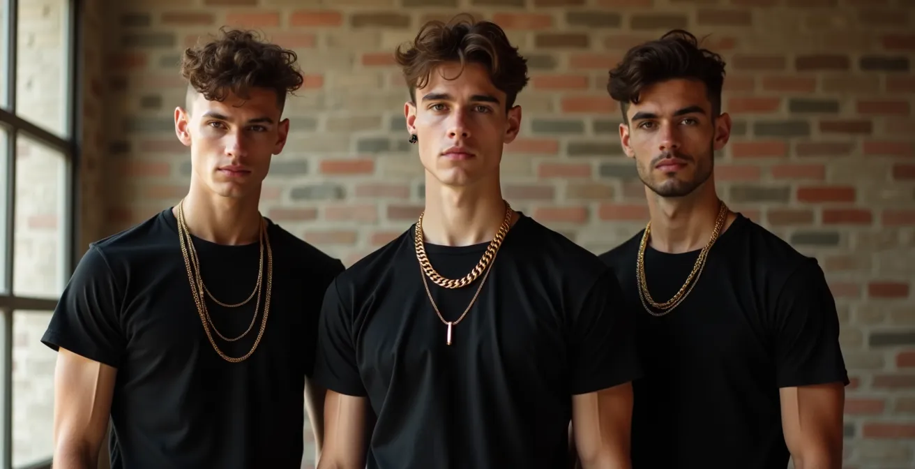 Trois hommes de carrures différentes portant des chaînes en or adaptées à leur morphologie