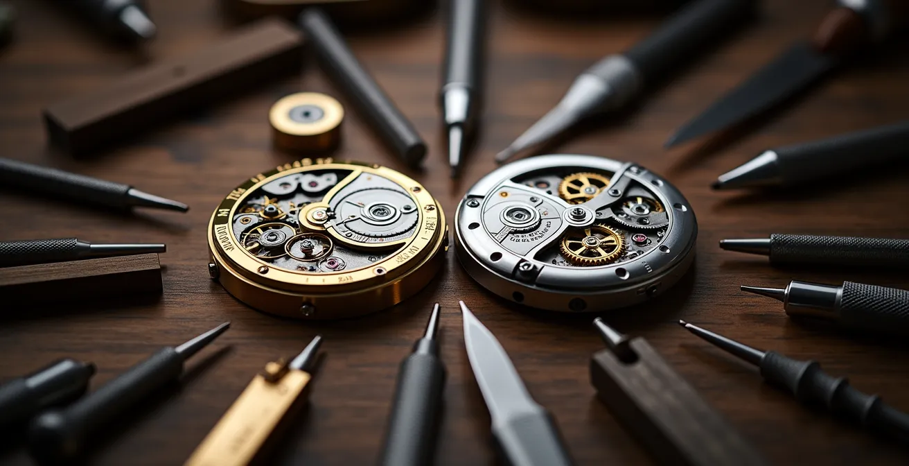 Vue comparative des calibres ETA 2824 et Sellita SW200 côte à côte montrant leurs similitudes techniques