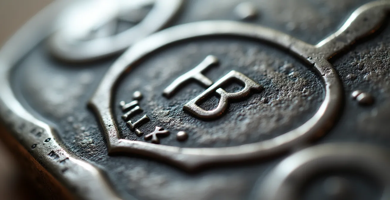 Gros plan sur différents poinçons belges gravés sur de l'argenterie ancienne