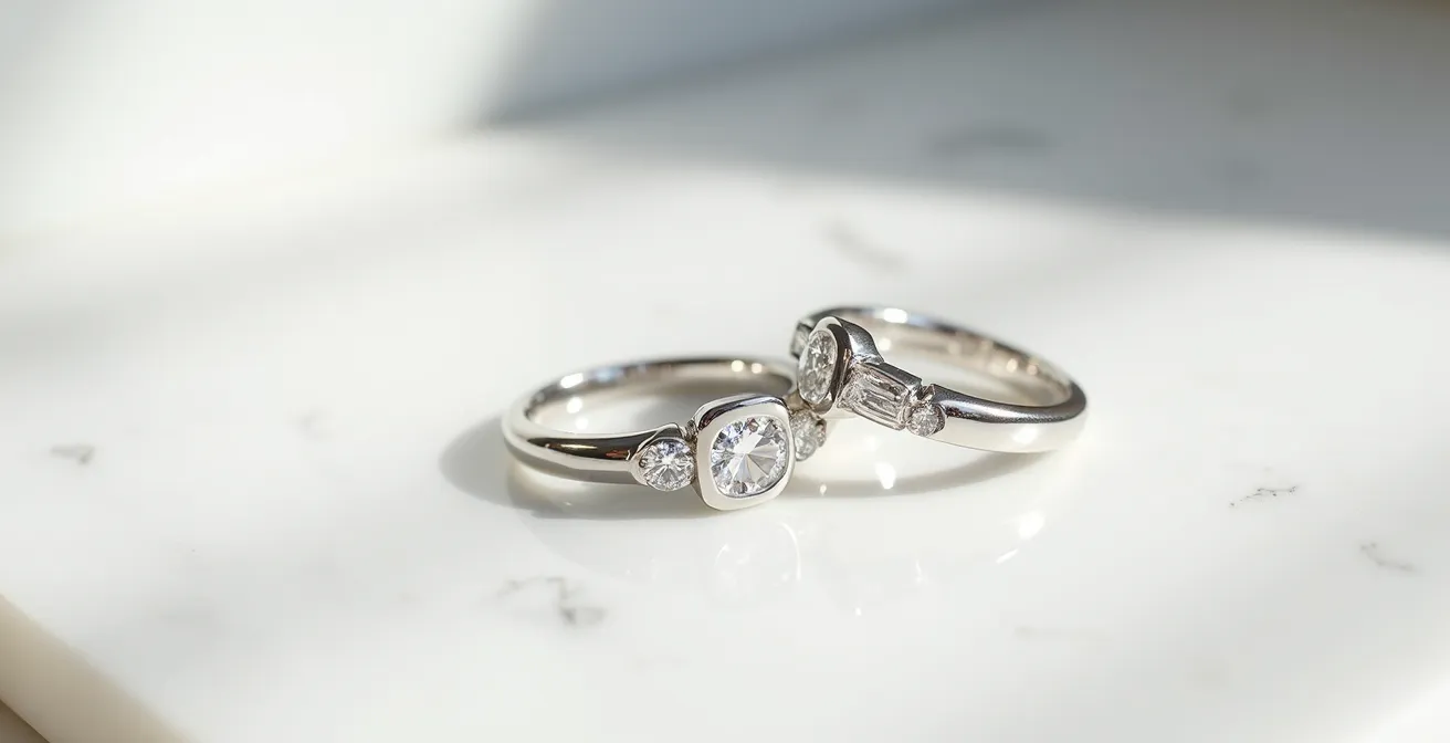 Vue comparative d'un serti clos et d'un serti tension sur des bagues minimalistes en platine