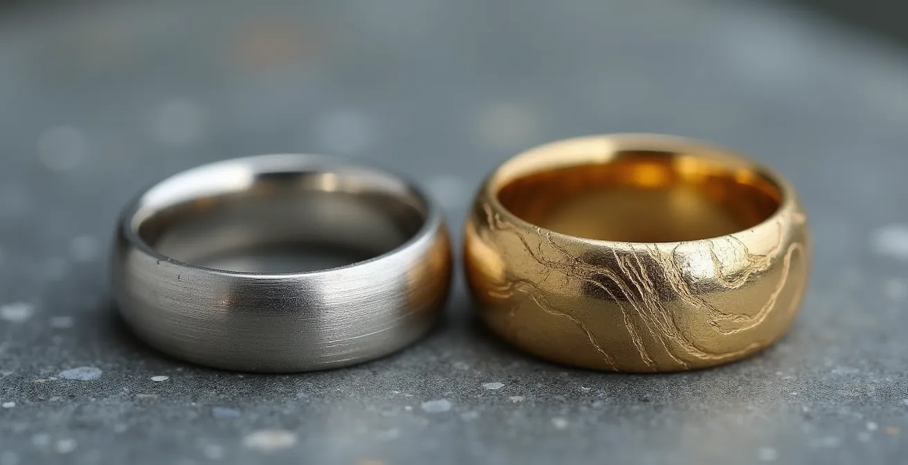 Vue macro comparative de l'usure sur des alliances en platine et or après usage quotidien