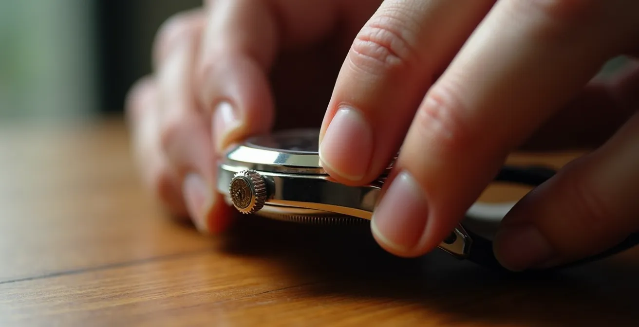 Gros plan sur les doigts manipulant délicatement une couronne vissée de montre de plongée
