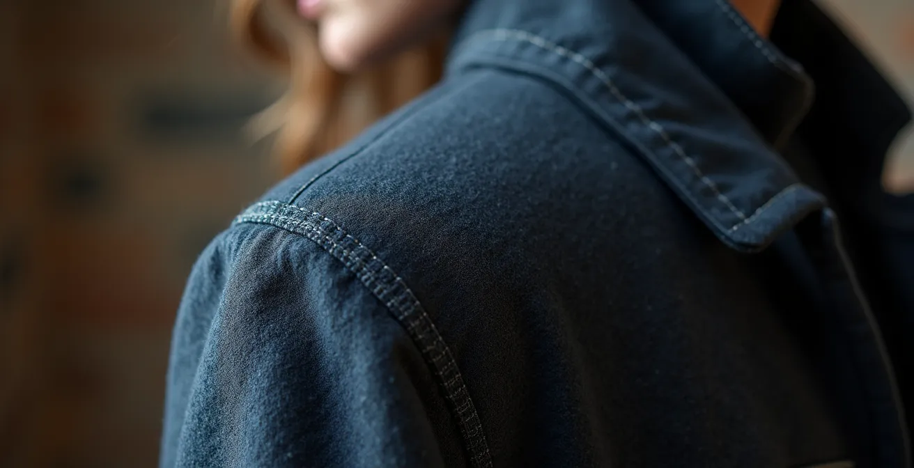 Gros plan sur les détails de fabrication d'une veste haute couture belge montrant la qualité des finitions