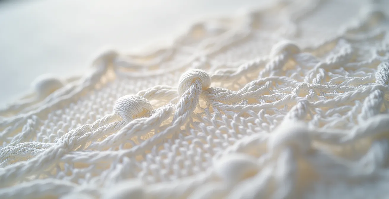 Détail macro d'une dentelle de Bruges faite main montrant les irrégularités caractéristiques