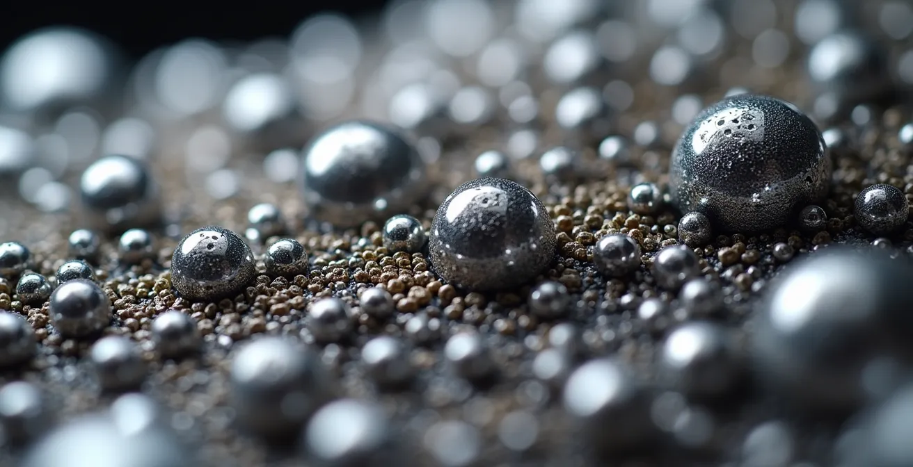 Détail macro d'un bijou contemporain montrant la technique de granulation sur métal