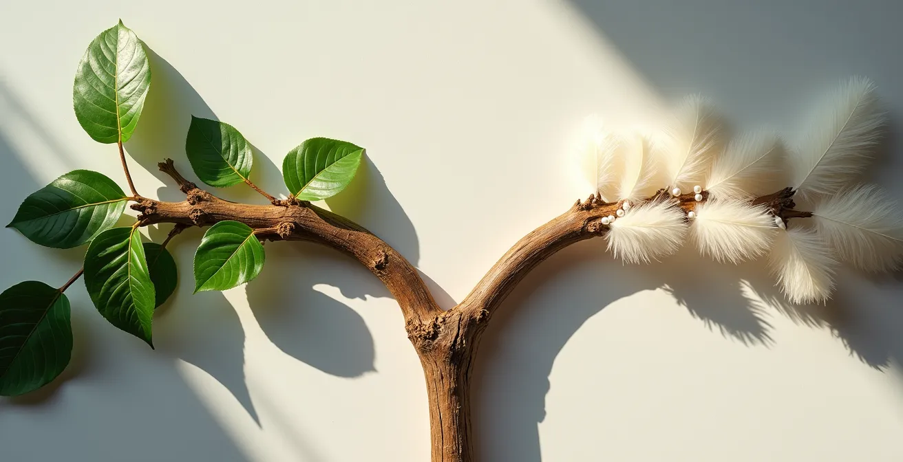 Composition symbolique montrant deux chemins divergents avec éléments naturels représentant la différence entre vegan et cruelty-free