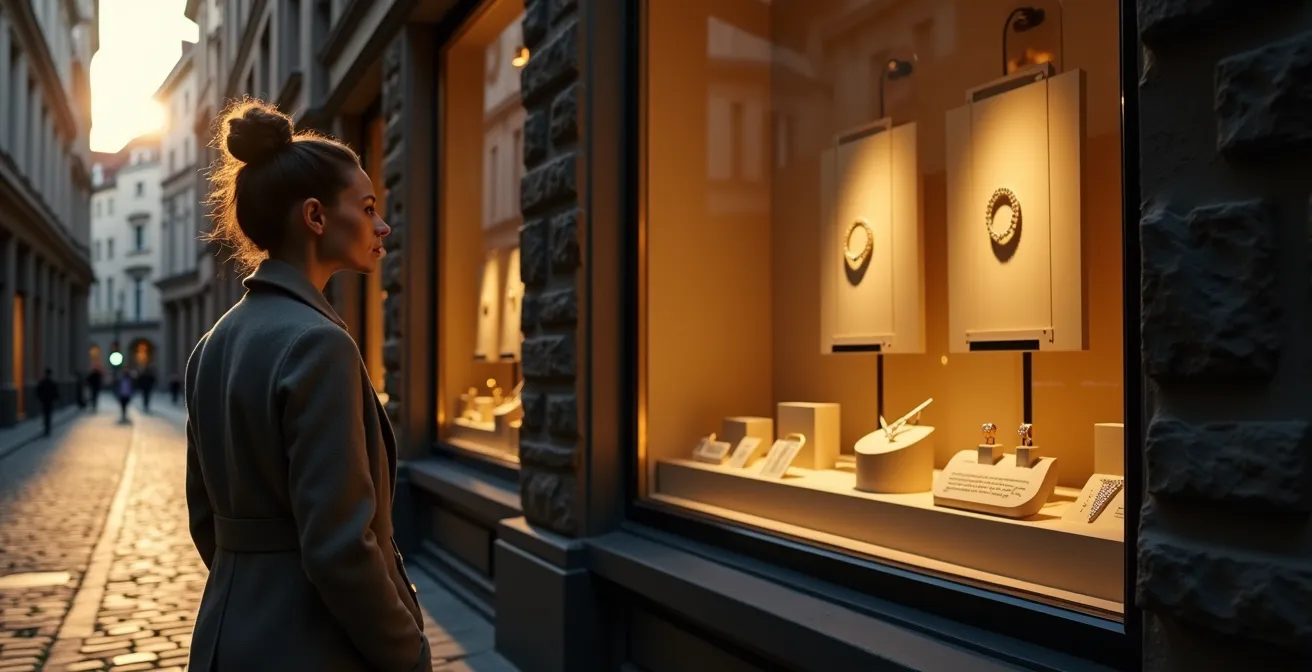 Femme admirant des bagues dans une vitrine de bijouterie à Anvers