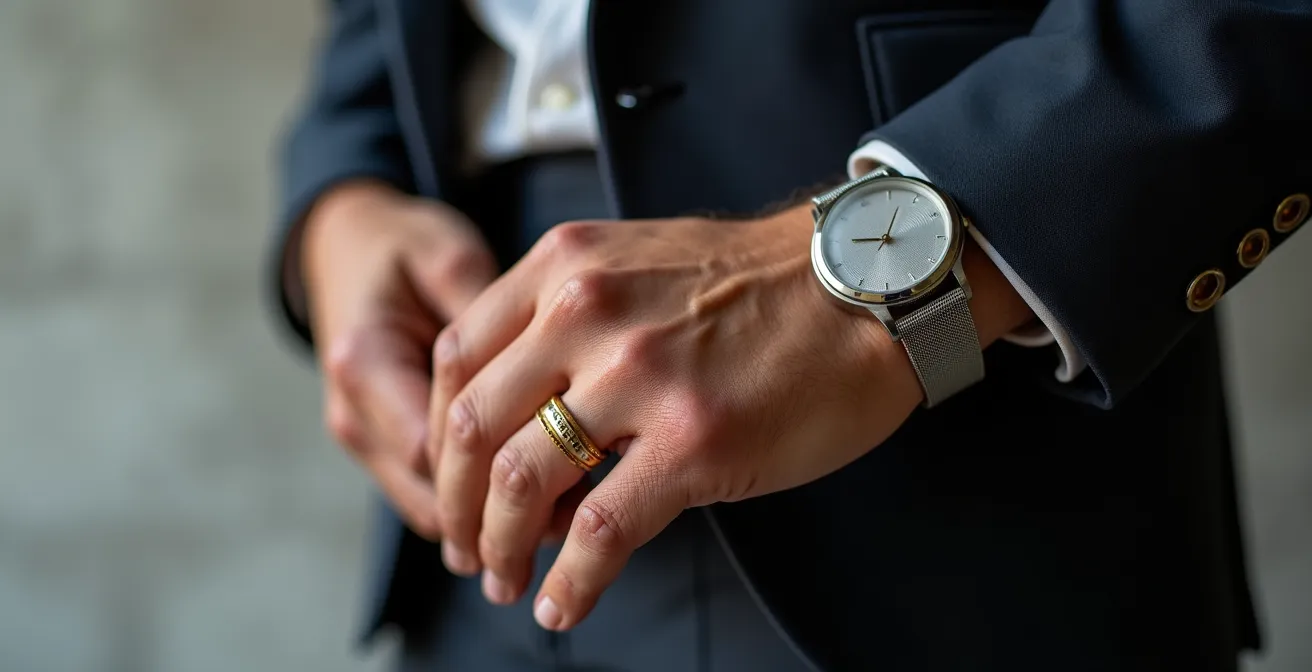 Portrait d'homme à la peau mate portant une alliance en or jaune mat et une montre en acier