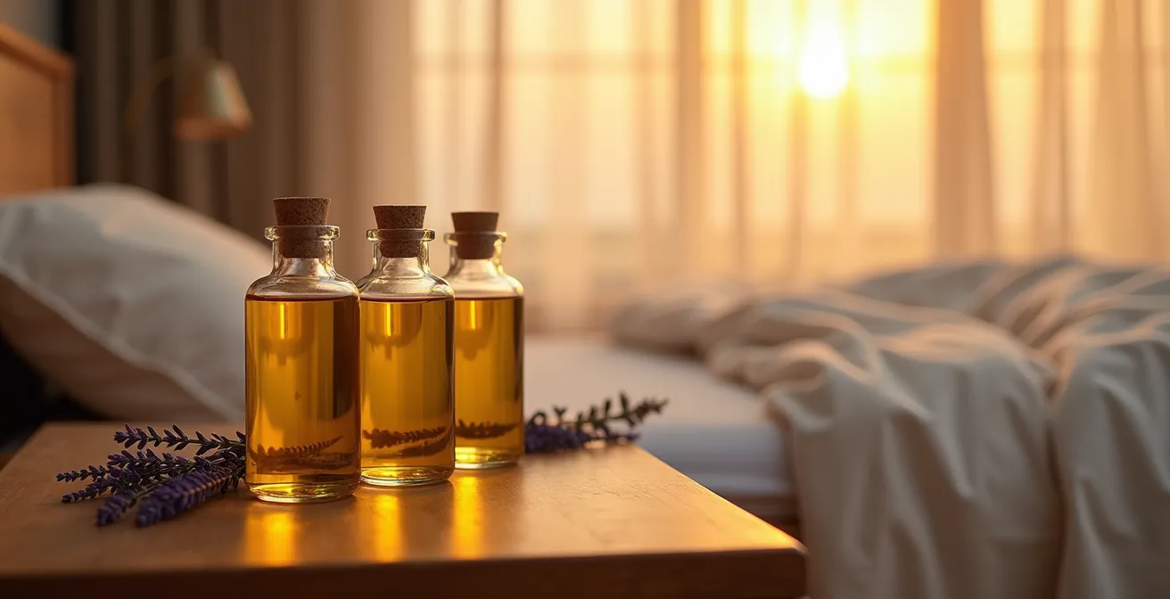 Environnement minimaliste avec flacons d'huiles dorées sur une table en bois naturel au coucher du soleil