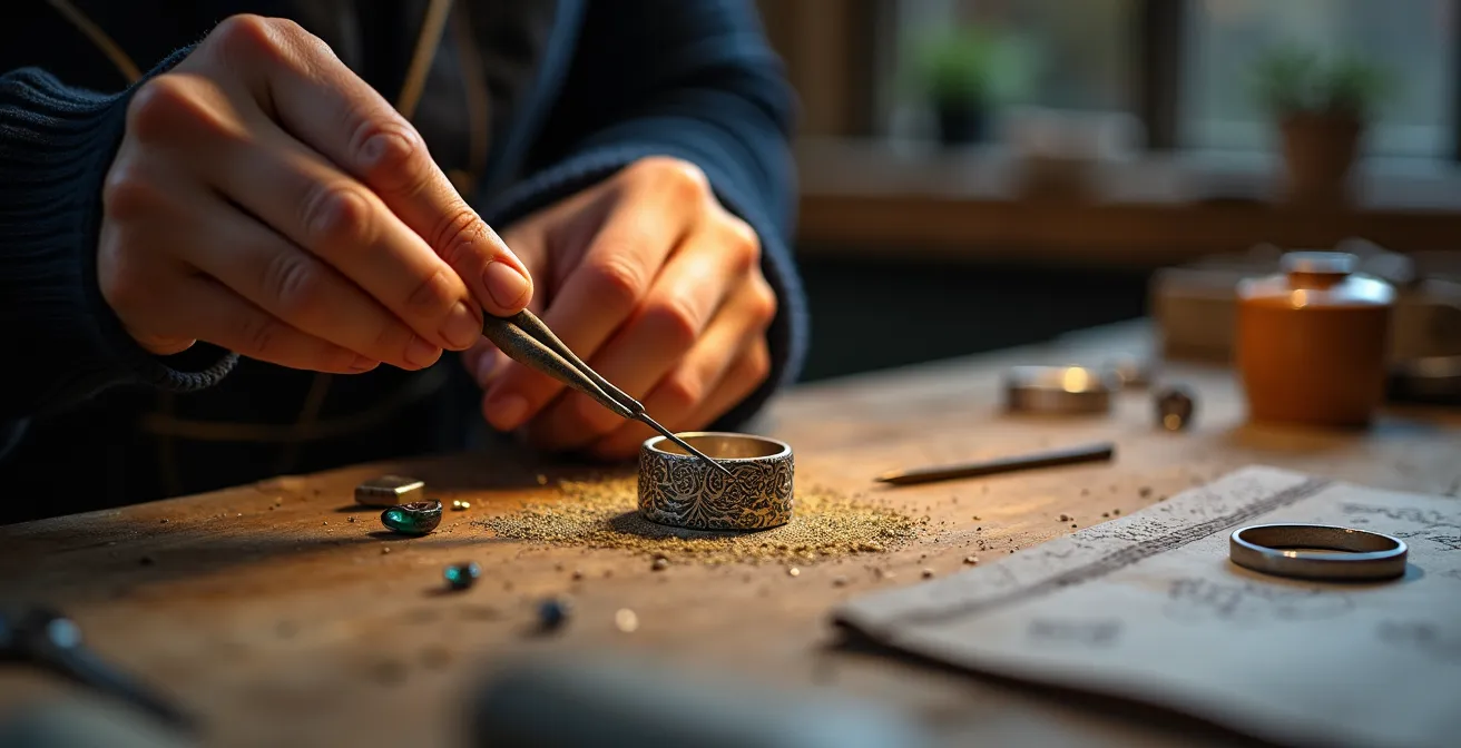 Gros plan sur les mains d'un créateur belge travaillant sur un bijou artisanal dans son atelier