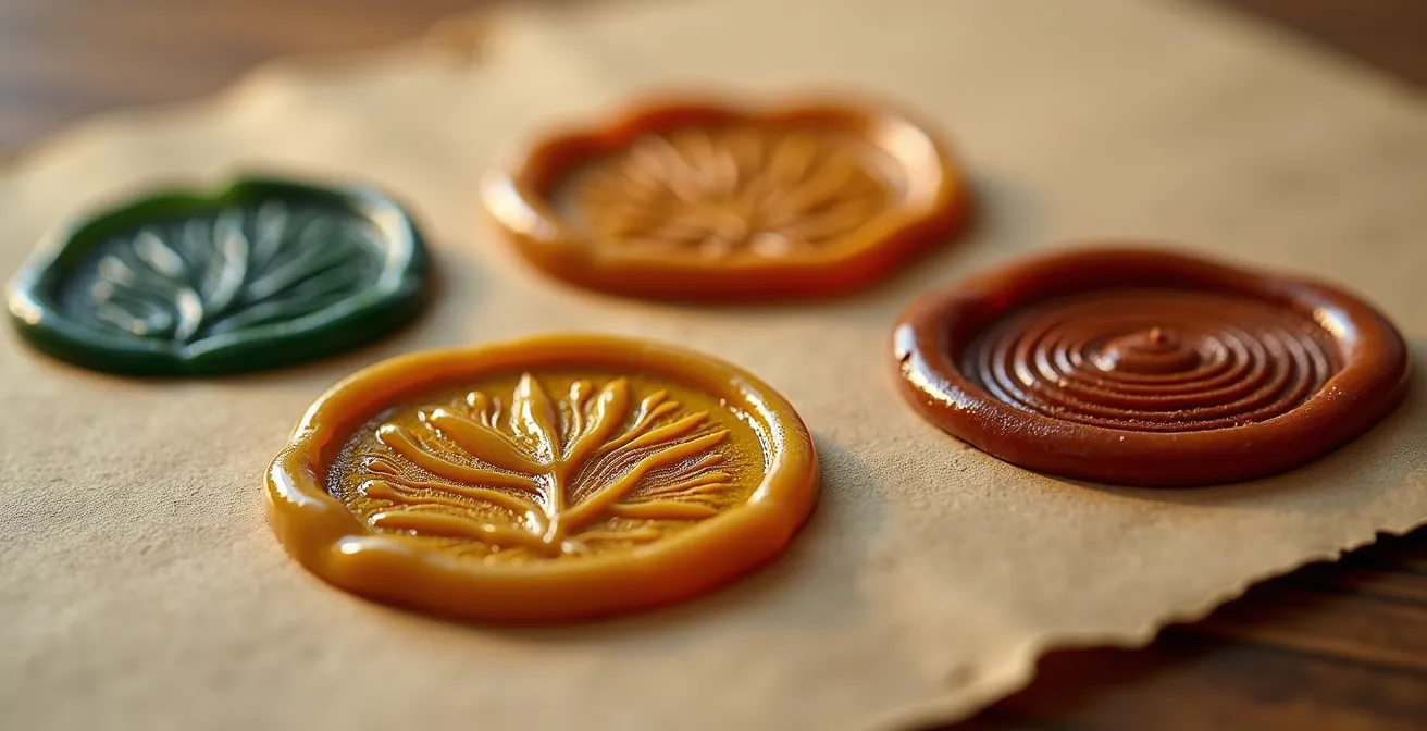 Gros plan macro sur des sceaux de cire végétale brillants représentant différents niveaux de certification