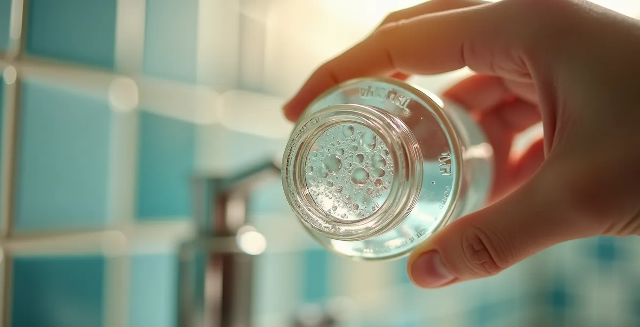 Main tenant un flacon cosmétique avec zoom sur étiquette, éclairage naturel mettant en valeur les détails