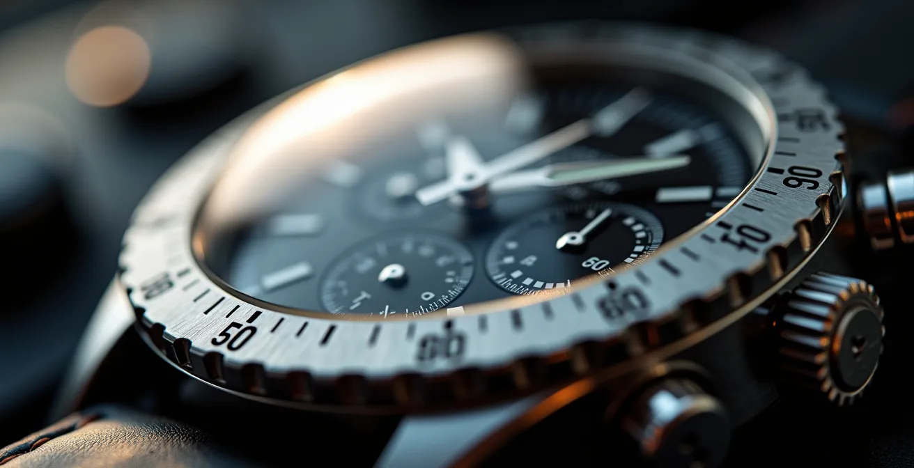 Vue macro d'une lunette tachymétrique de chronographe avec échelle gravée