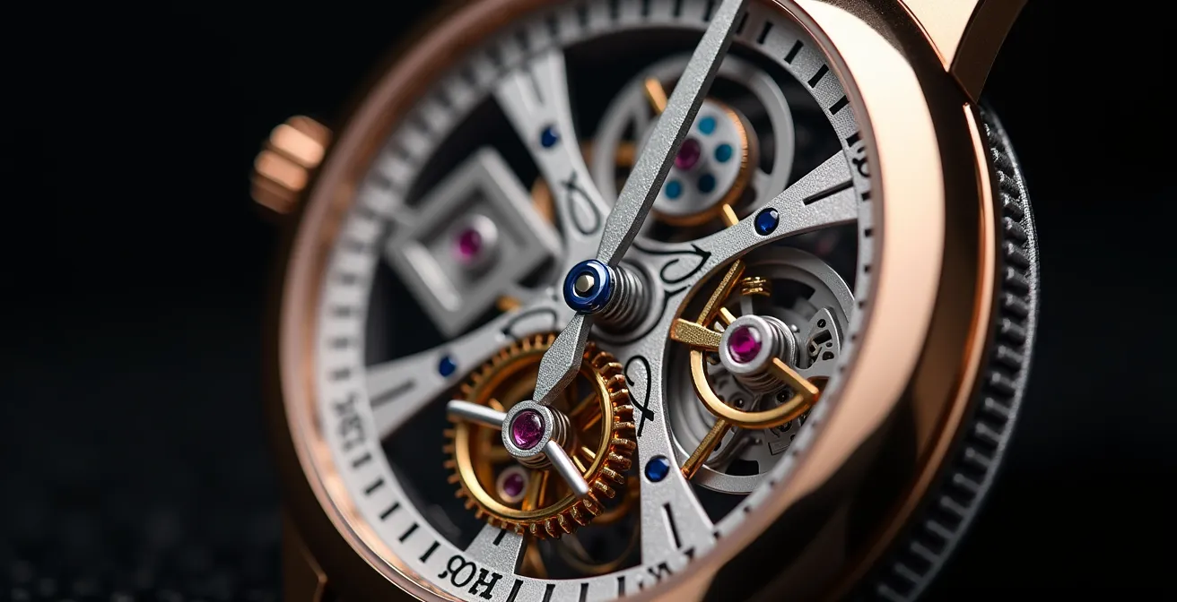 Vue macro détaillée d'un mécanisme de tourbillon en rotation avec profondeur de champ réduite