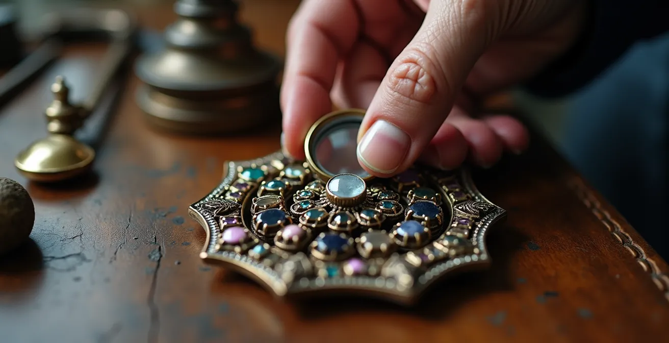 Gros plan macro sur les mains d'un expert examinant un bijou ancien avec une loupe de joaillier