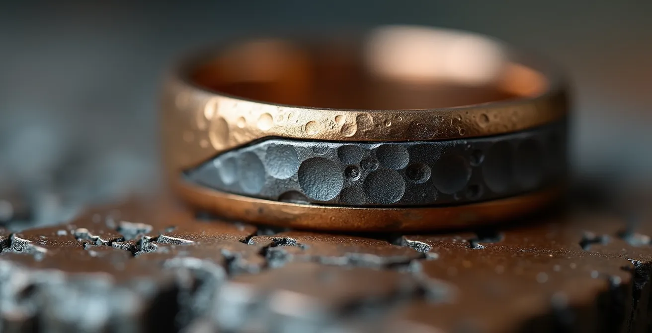 Détail macro de bijou belge mêlant titane brossé et or martelé