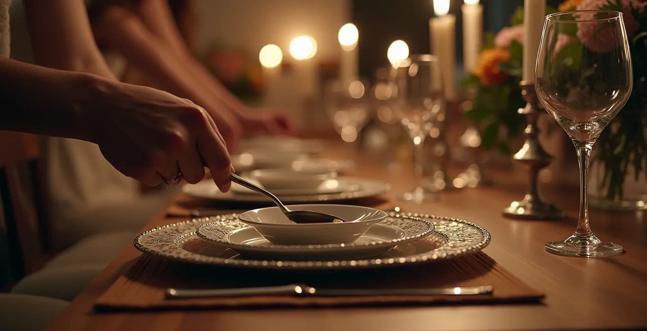 Table dressée mélangeant couverts anciens belges et vaisselle contemporaine