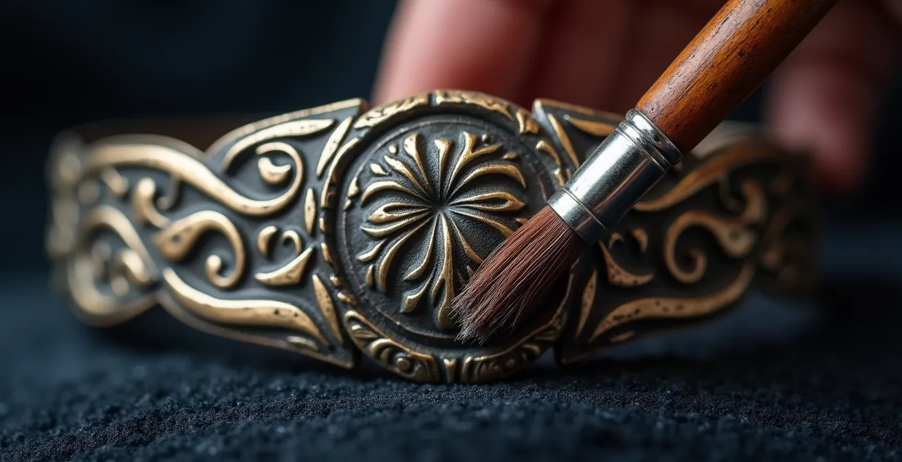 Détail macro d'une manchette sculptée en cours de nettoyage délicat avec un pinceau fin