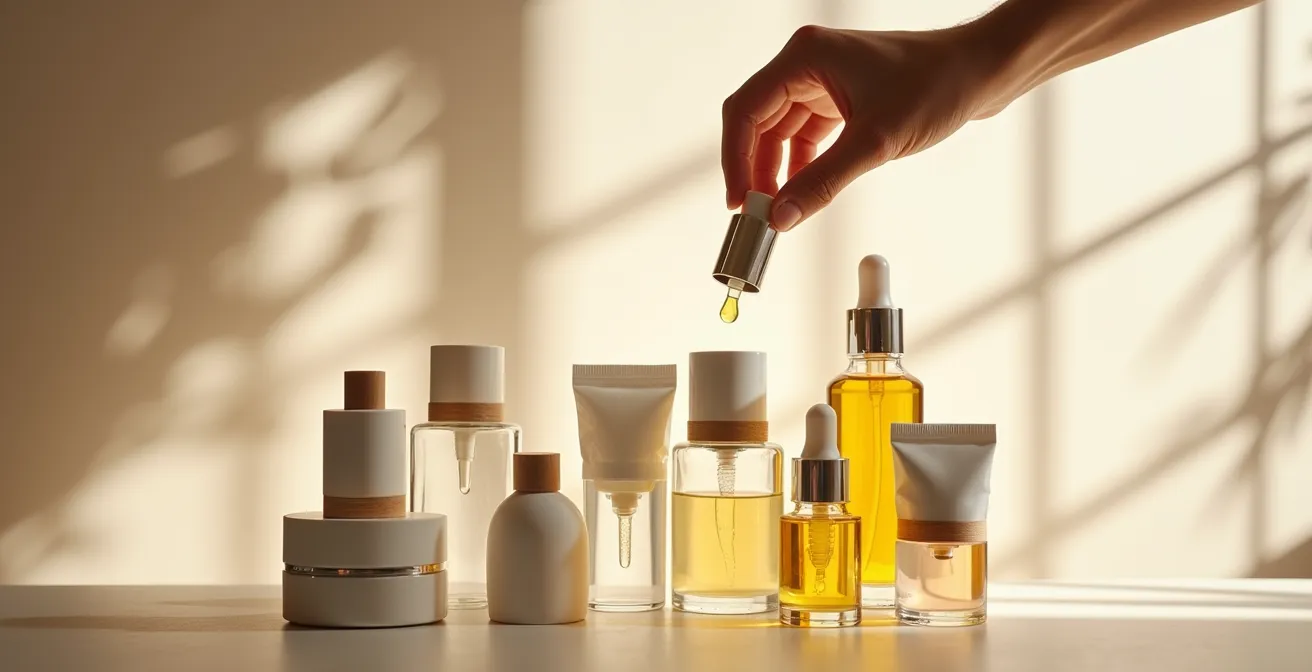 Système de recharge cosmétique élégant avec contenants en verre sur fond minimaliste belge