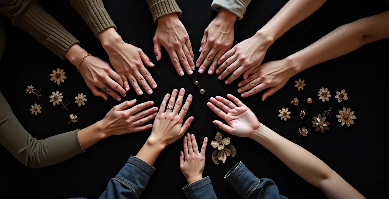 Mains de différentes générations touchant délicatement des bijoux de famille disposés sur velours