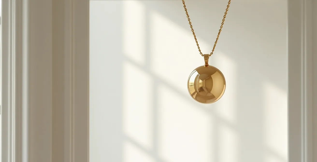 Gros plan sur un pendentif en or suspendu à une chaîne adaptée montrant le bon équilibre