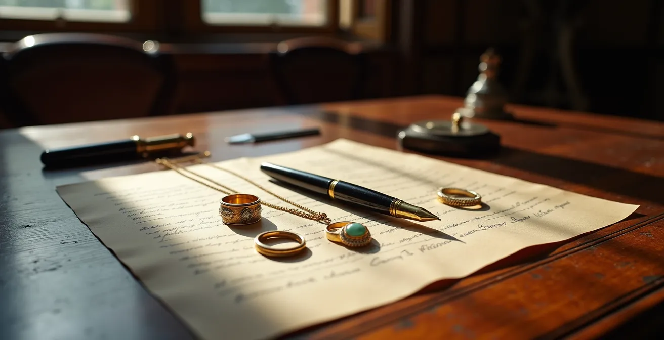 Documentation notariale et bijoux de famille sur un bureau en Belgique