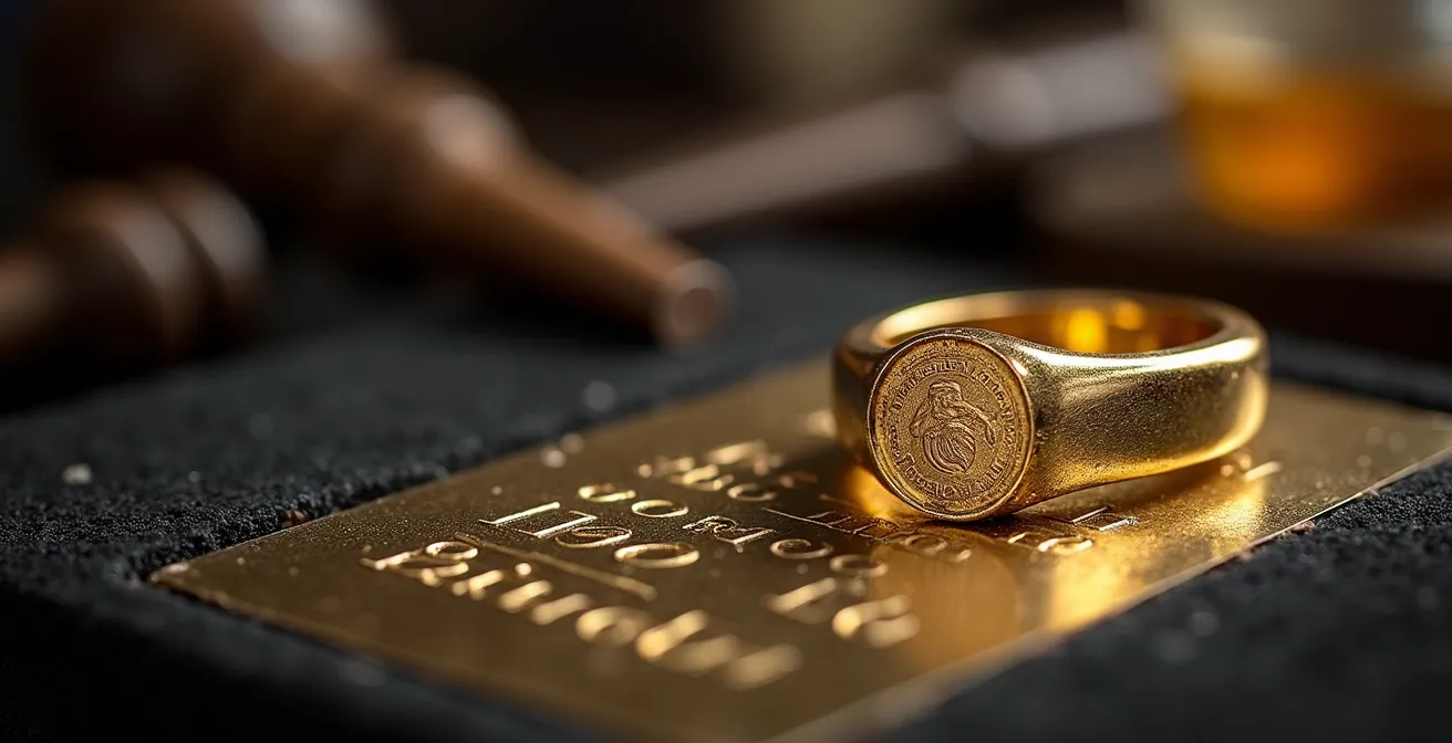 Détail microscopique montrant l'effacement progressif d'un poinçon de maître sur un bijou en or