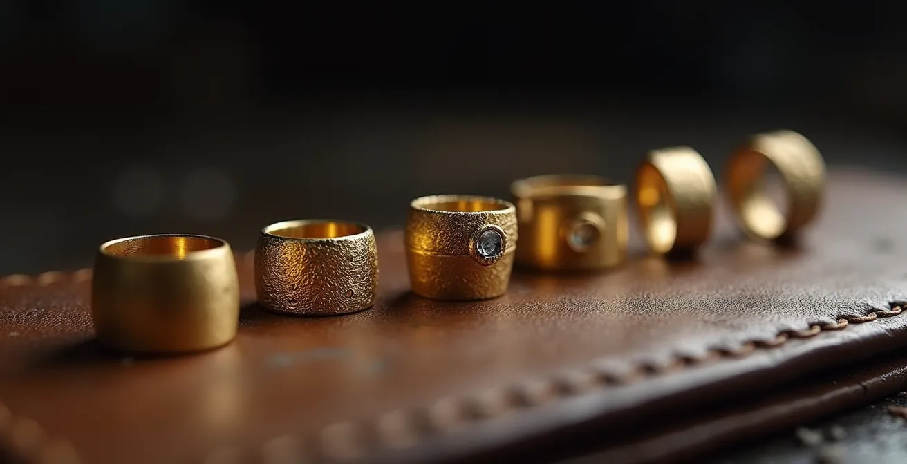 Étapes de création d'une bague sur mesure exposées sur un établi d'artisan