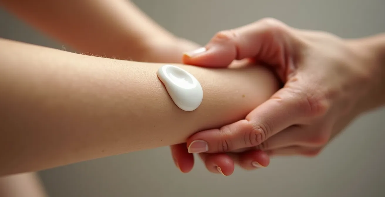 Gros plan sur des mains appliquant délicatement une crème réparatrice sur une peau en cours de régénération