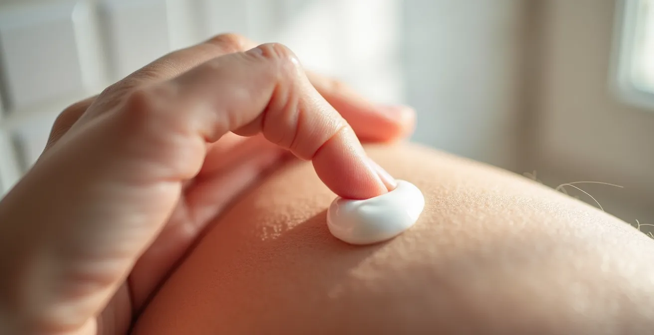Gros plan sur une main appliquant délicatement une crème réparatrice sur une peau en cours de traitement