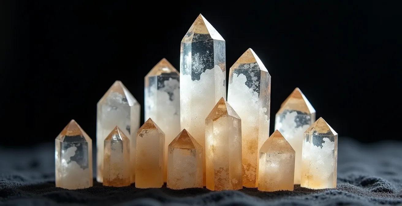 Pyramide de cristaux naturels empilés représentant la hiérarchie des certifications de confiance cruelty-free