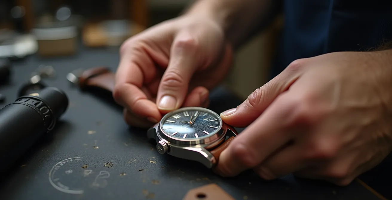 Mains d'horloger remontant délicatement une montre mécanique avec couronne visible
