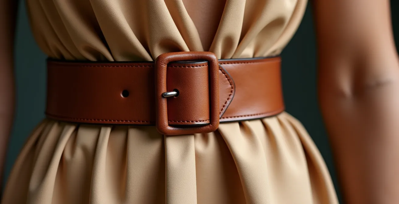 Détail macro d'une ceinture en cuir artisanale belge sur une robe oversize